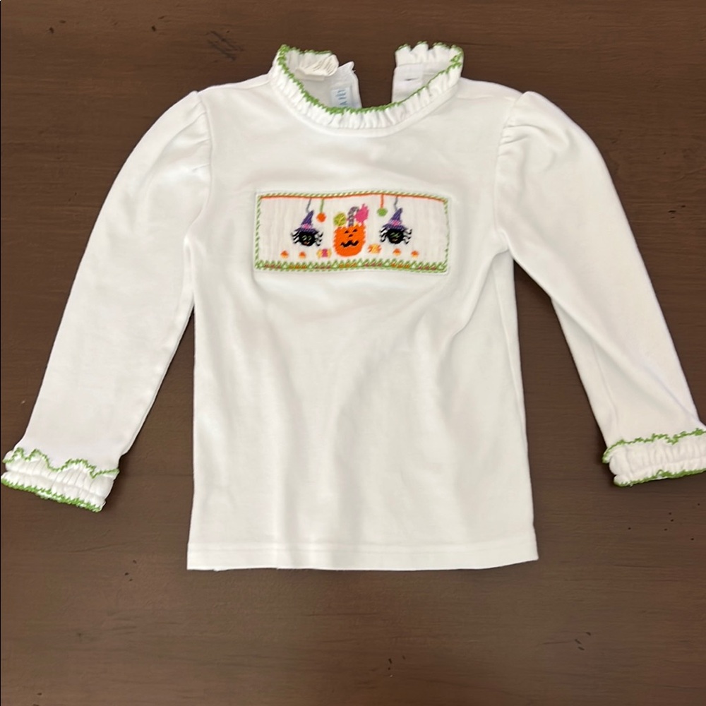White and Green Long Sleeve Tee with Ruffled Trim and Embroidery